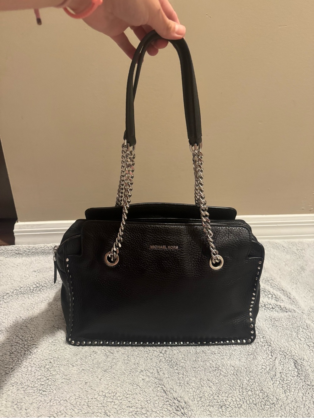 Michael Kors Black Pebbled Leather Shoulder Tote with Silver Chain Straps